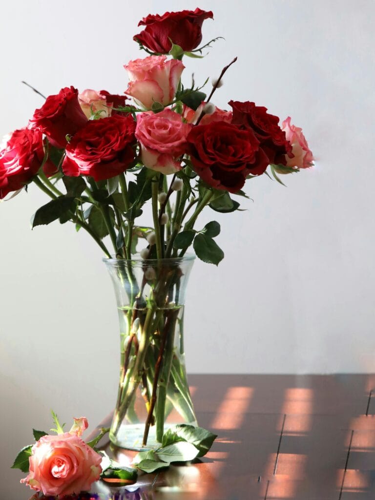 Elegant arrangement of fresh red and pink roses displayed in a clear glass vase, perfect for romantic occasions.